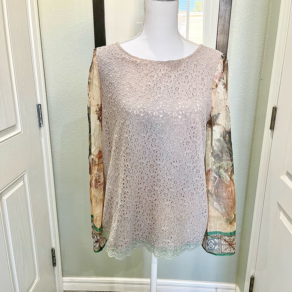 Gorgeous Sundance boutique grey cutout top with sheer sleeves.